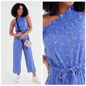 UO Floral Linen Blend One Shoulder Jumpsuit Floral‎ Blue Sz S